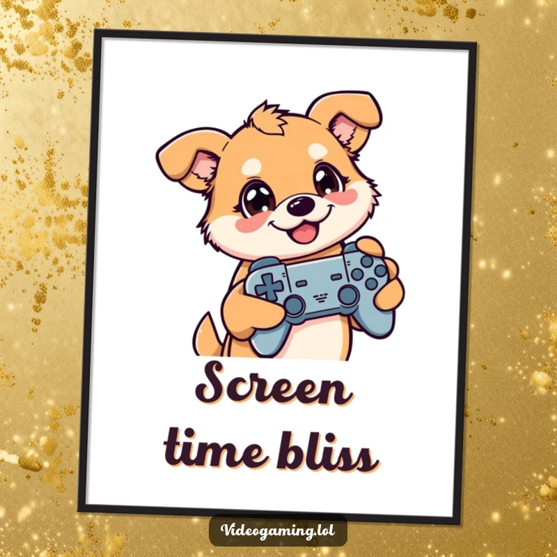 Funny digital art print of a dog intensely focused on gaming, controller in hand, eyes glued to the screen.