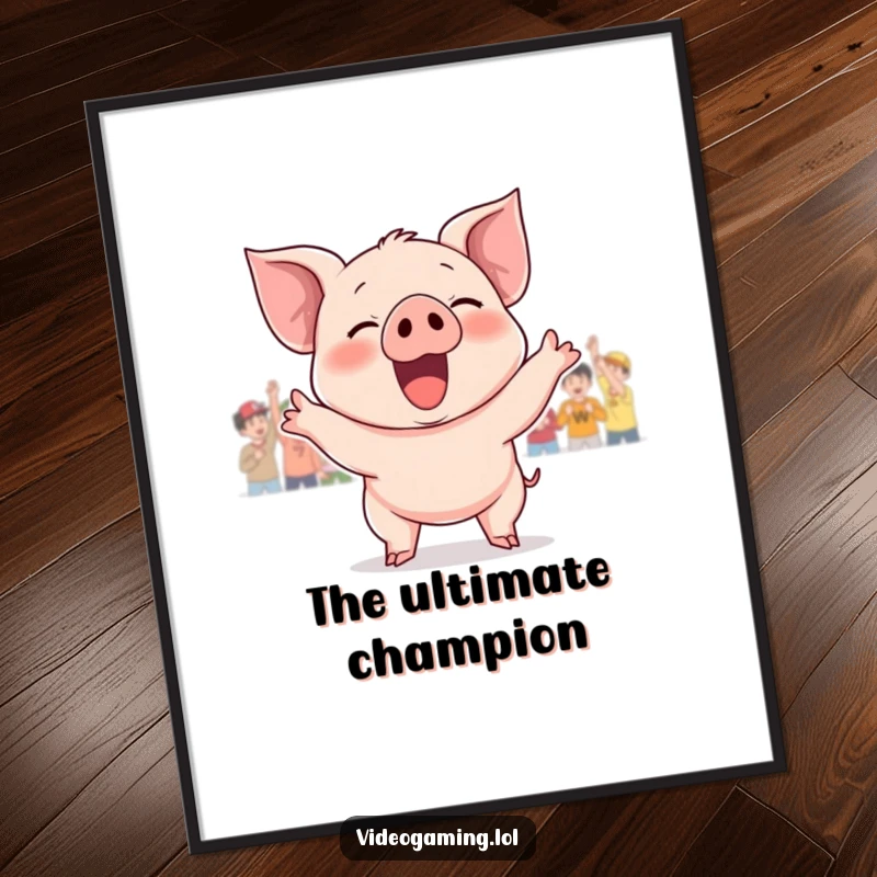 Funny digital art print of a giggling piglet cheering loudly for a game win. Instant wall decor.