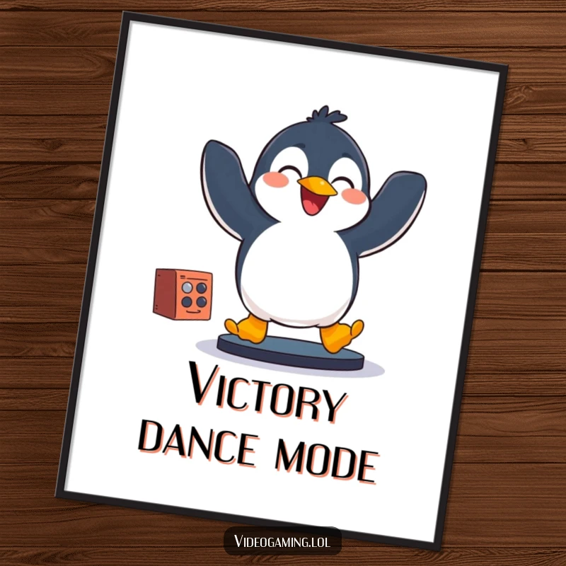 Funny penguin mid-jump, controller in hand, radiating pure gaming joy, a high-res digital print for hilarious art.