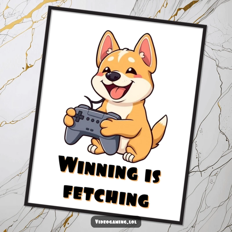 Funny dog digital art print of a playful dog grinning widely while holding a video game controller, instant decor.