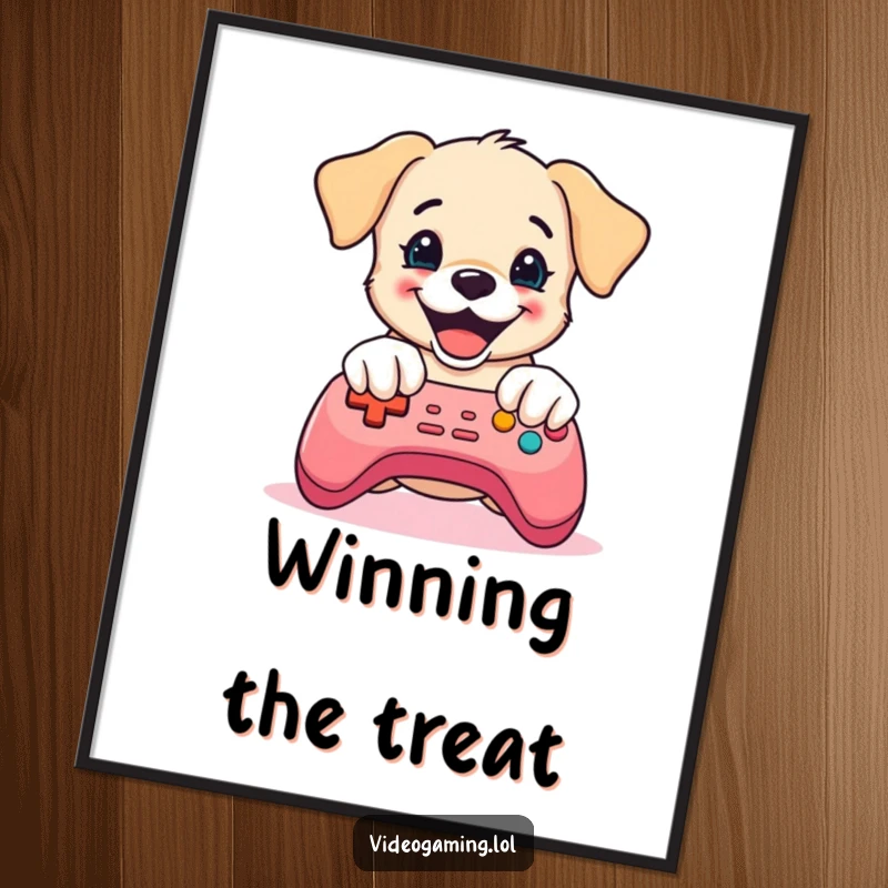 Funny Puppy Gaming Digital Art Print: A delighted puppy mashes game controller buttons with adorable intensity, creating humorous art.
