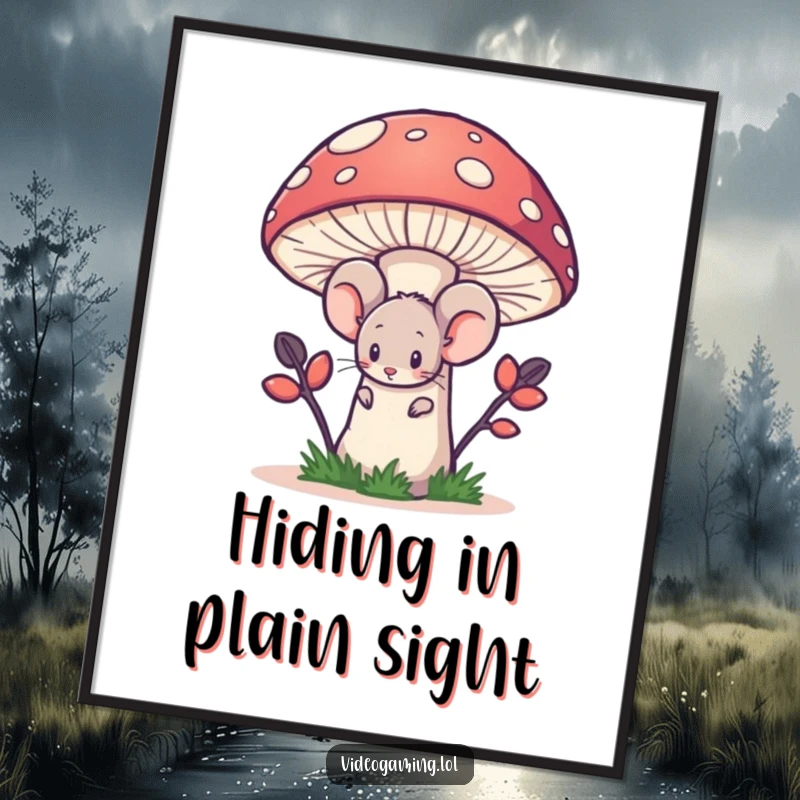 Funny digital art print of a shy mouse hiding behind a large pixelated mushroom, conveying a sense of bashfulness.