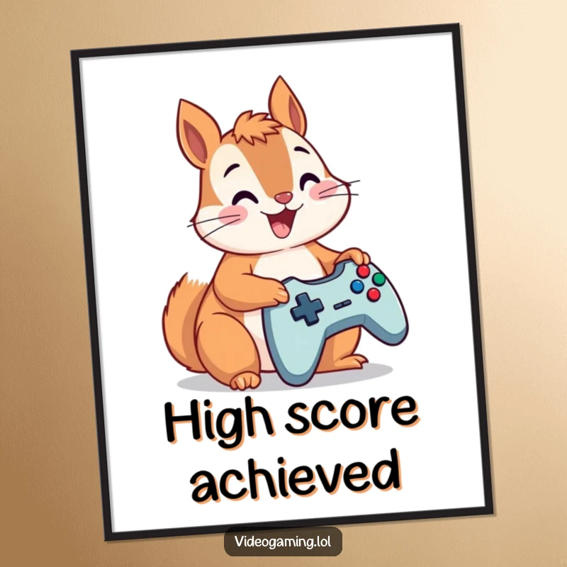 Funny squirrel with determined eyes, furiously mashing a game controller, a high-res digital print for hilarious art.