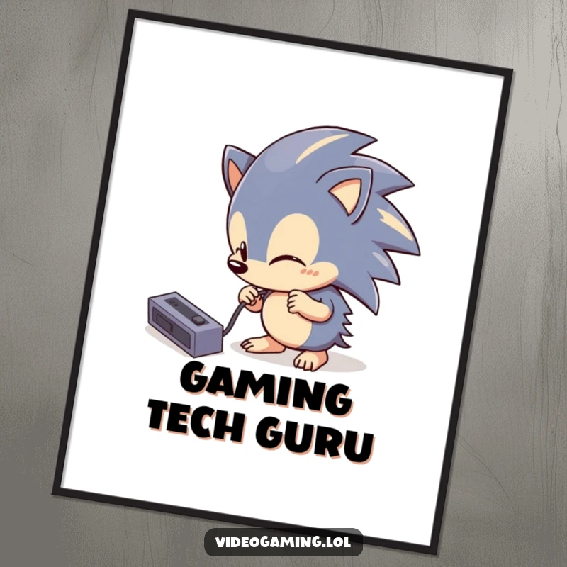 Funny Hedgehog Tech Digital Art Print: A high-resolution image of a curious hedgehog comically trying to plug in a console cable, for tech lovers.