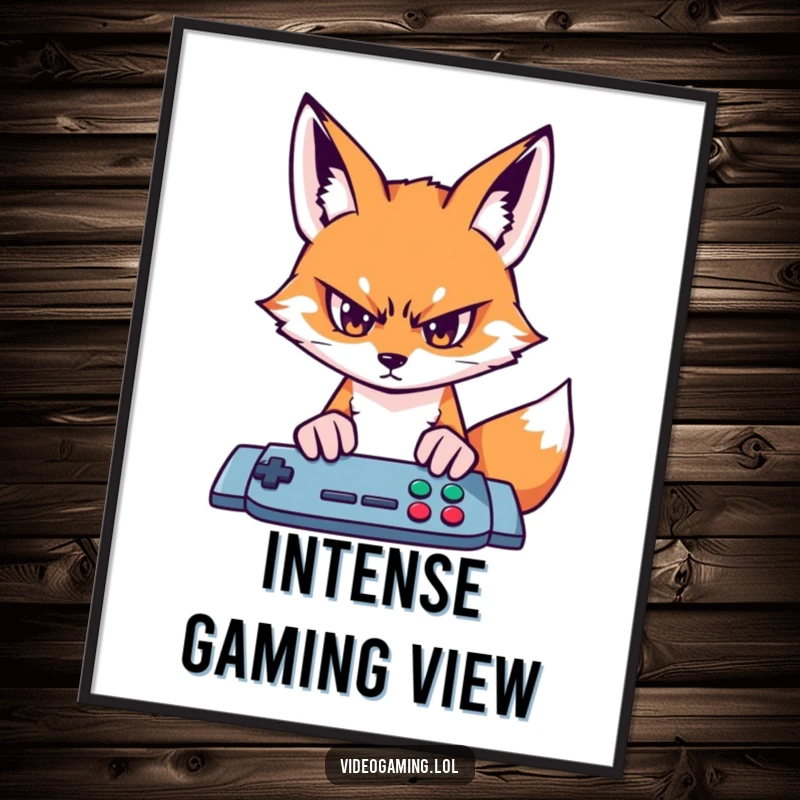 Funny fox gamer digital art print showing intense, determined focus on a video game screen.