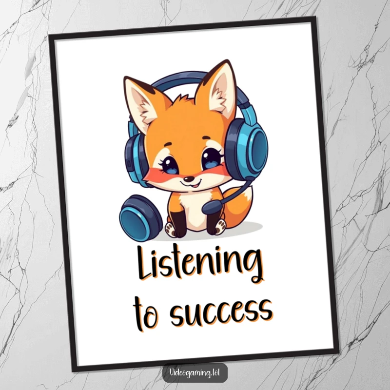 Funny digital art print of a curious fox smiling and examining a gaming headset, offering instant humorous gamer decor.