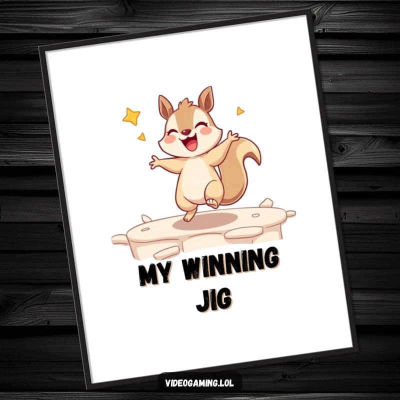 Funny digital art print of a giggling squirrel dancing ecstatically after winning a video game level, instant decor.