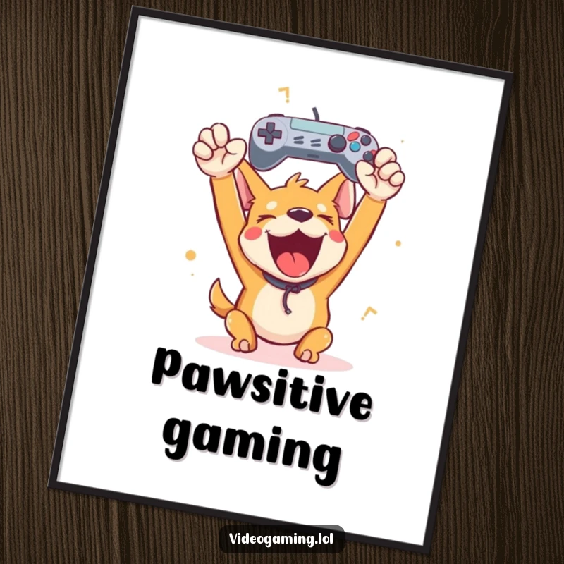 Funny happy dog cheering wildly, holding a game controller aloft, high-resolution digital art print capturing pure gamer victory.
