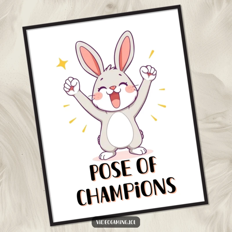 Funny digital art print of a playful bunny striking a triumphant pose, embodying the spirit of victory and joyful celebration.