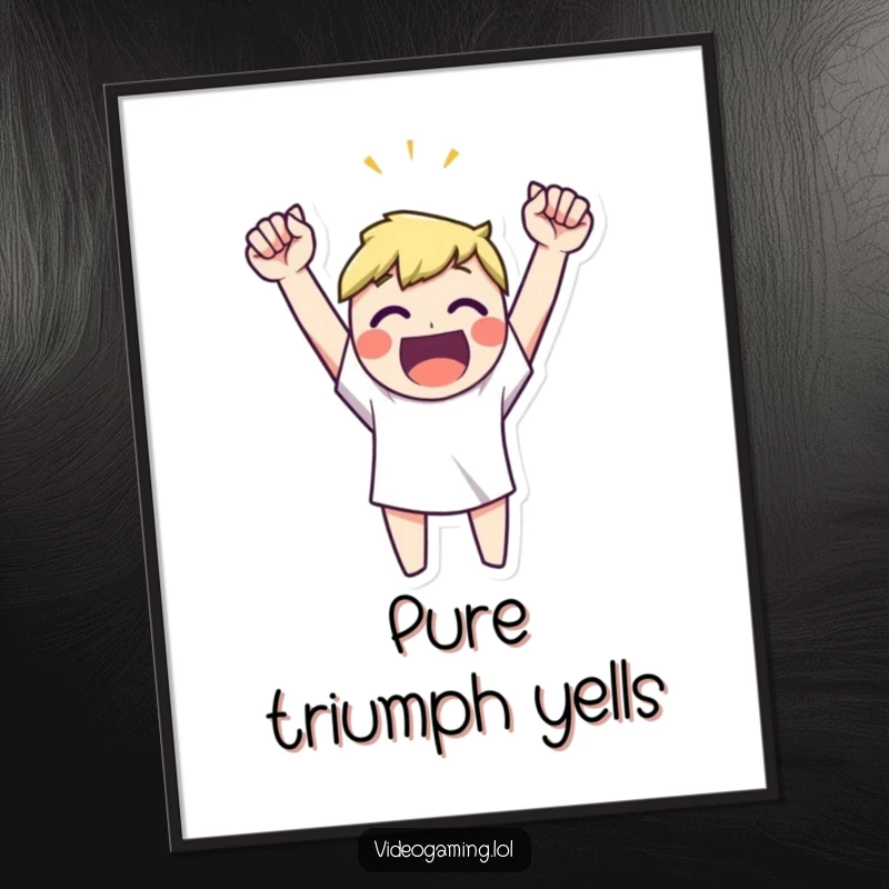 Funny happy character celebrating a victory with arms raised high, a digital art print for instant triumphant decor.