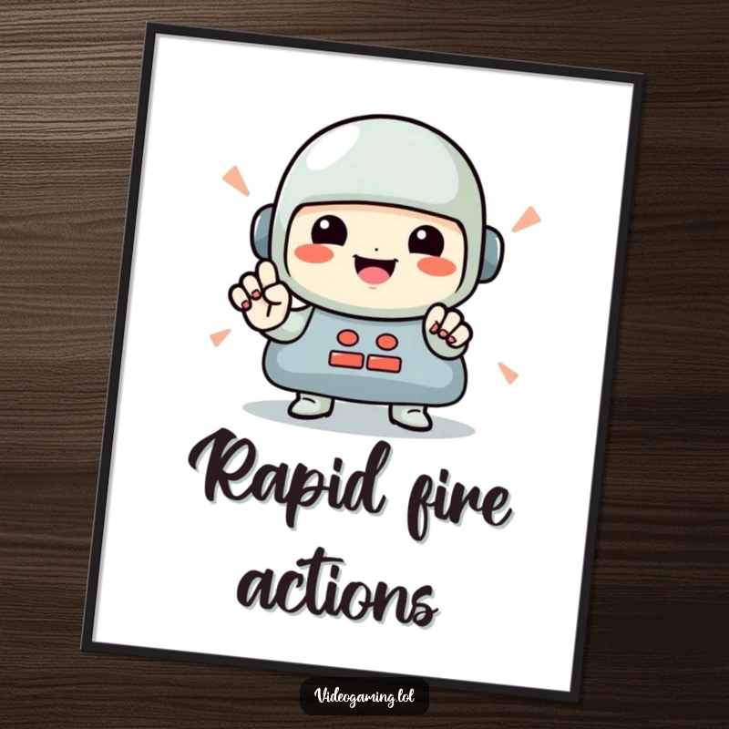 Funny Gamer Digital Art: A smiling character captured in the act of rapid button presses, symbolizing intense gaming.