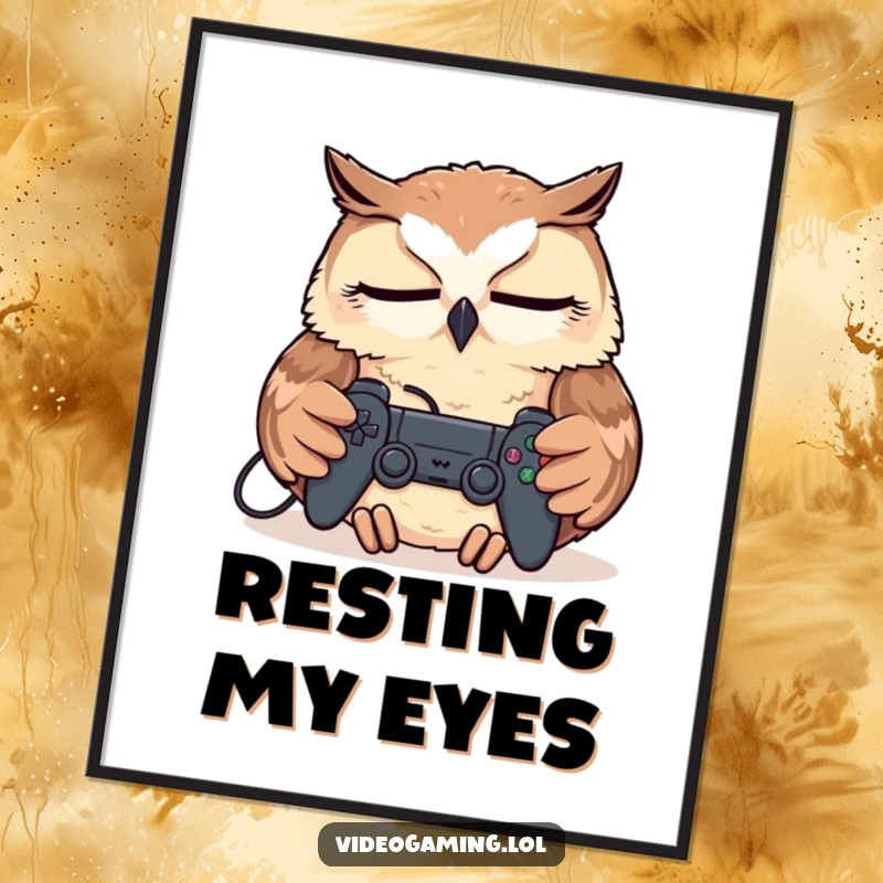 Funny Tired Owl Digital Art Print, peacefully napping with a controller, embodying the humorous side of gamer fatigue.