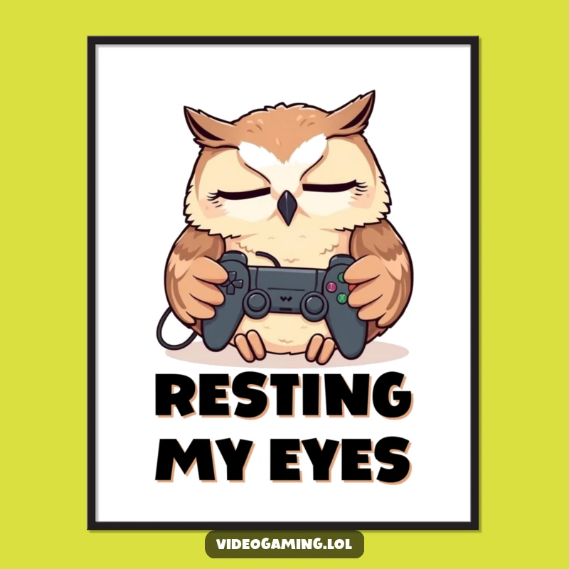Funny Tired Owl Digital Art - Humorous Gamer Nap Print Gift