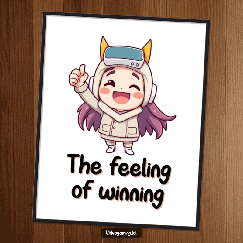 Funny digital art print of a happy character celebrating a virtual victory with a fist pump, a humorous piece for walls.