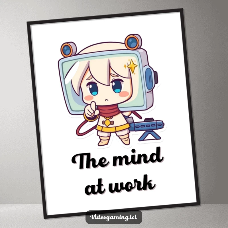 Funny digital art print of a strategic character intensely pointing at a screen, a humorous piece for focused minds.