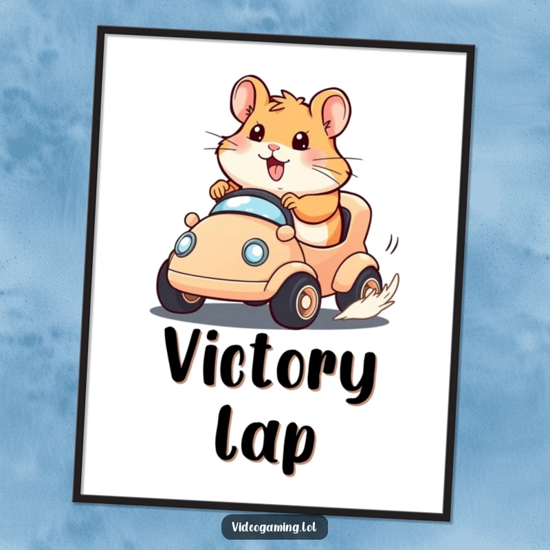 Funny Hamster Race Digital Art Print of a happy hamster with intense determination driving a tiny virtual vehicle, full of speed.