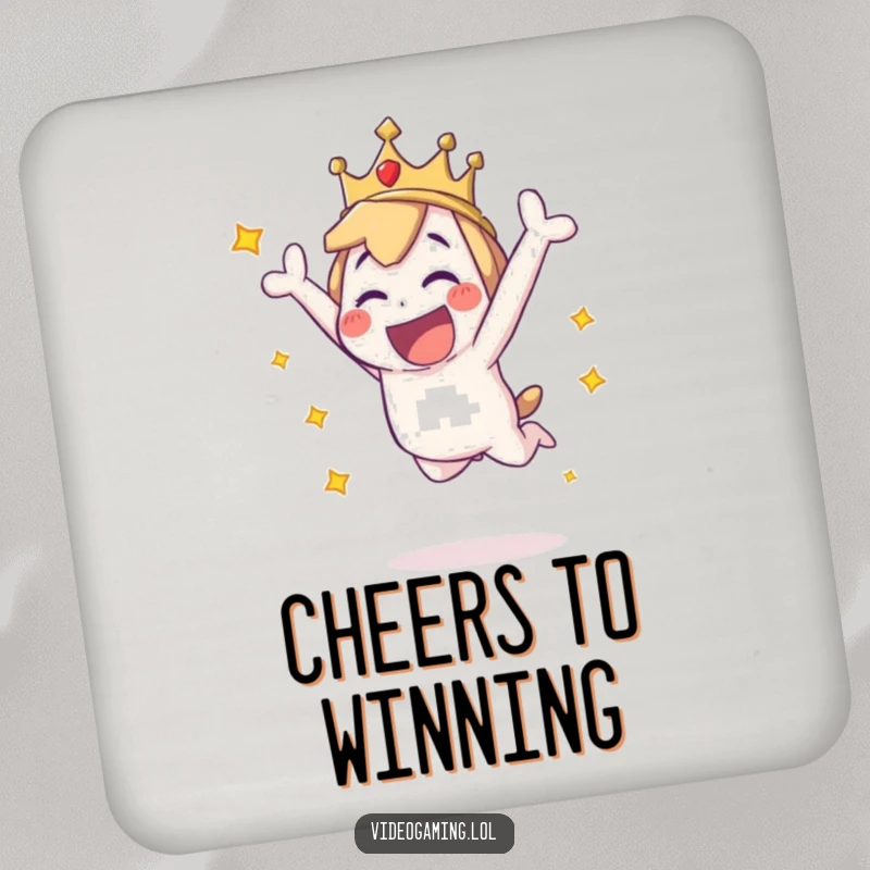 Funny drink coaster featuring a playful character leaping enthusiastically, symbolizing a moment of pure victory and celebration.