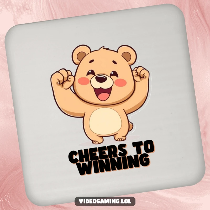 Funny drink coaster showing a happy bear pumping its fist in the air, celebrating a win.