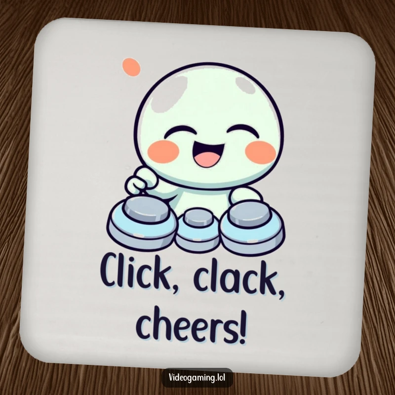 Funny drink coaster featuring a giggling character laughing heartily while mashing game buttons with joy.
