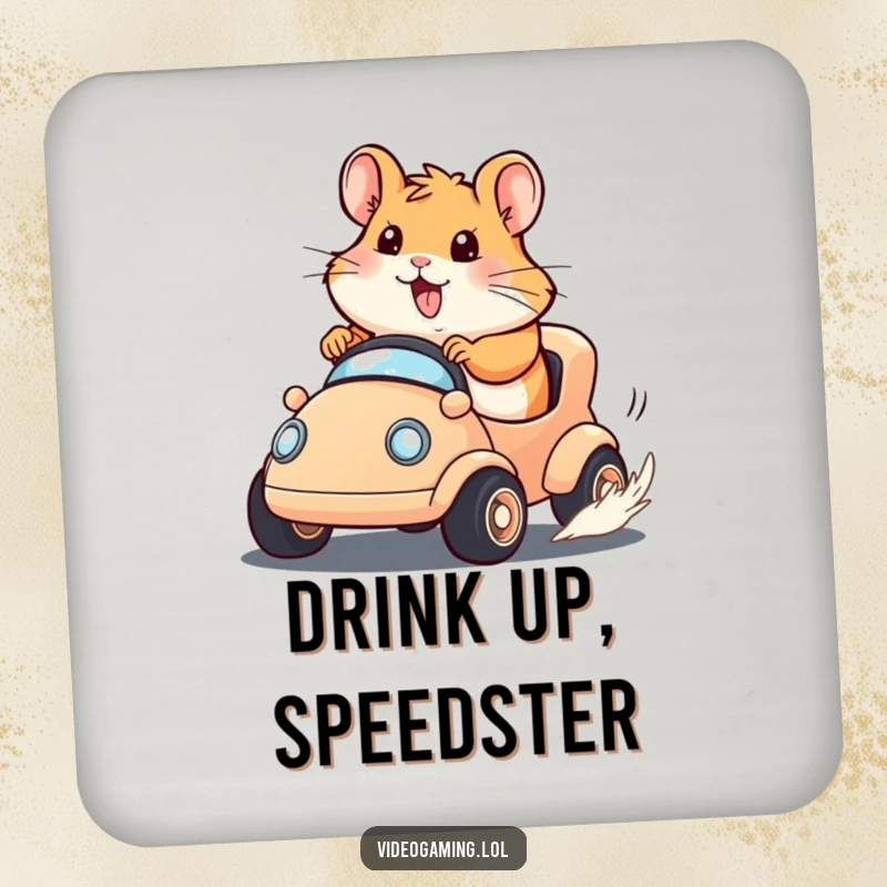 Funny Hamster Race Coaster showing a happy hamster determinedly racing a tiny virtual vehicle, protecting your surfaces with style.