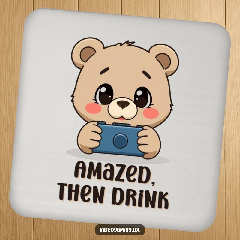 Funny drink coasters showing a curious bear with wide, amazed eyes watching gameplay, offering surface protection.