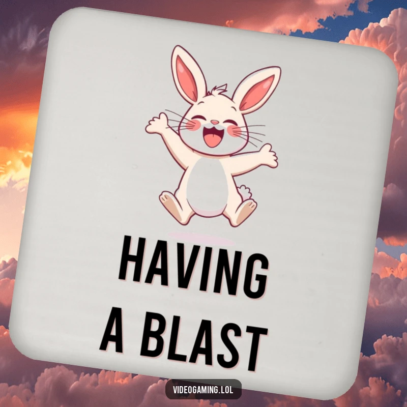 Funny Bunny Excitement Coaster: A happy bunny jumps with pure excitement, protecting surfaces with style.