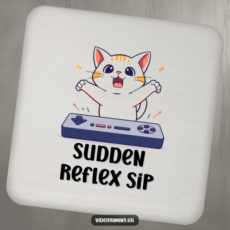 Funny Cat Gaming Coaster: A surprised cat leaps backward from a fast game, adding a humorous and protective touch.