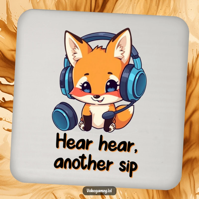 Funny drink coaster featuring a curious fox examining a gaming headset, protecting surfaces with gamer humor.