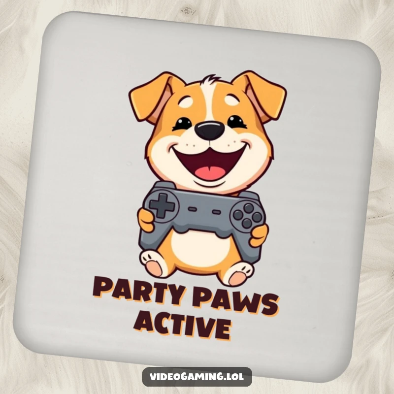 Funny Dog Coaster: A playful dog grins widely holding a controller, protecting surfaces with canine gaming charm.