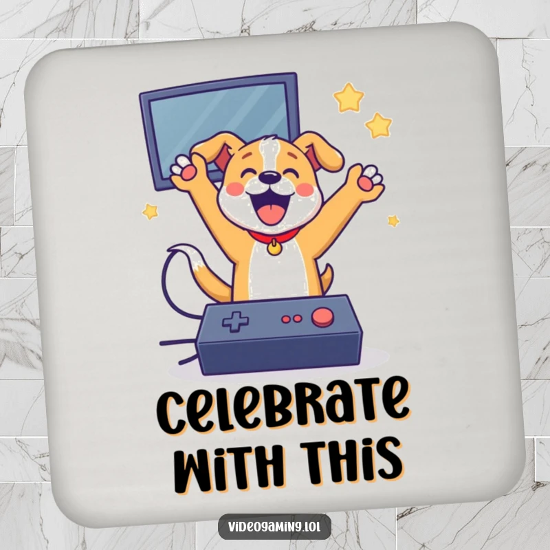 Funny dog gamer drink coasters, depicting a dog winning a video game, protecting surfaces with humor.