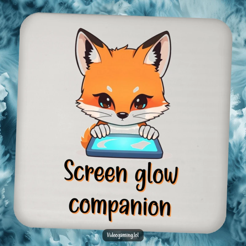 Funny Fox Curiosity Coaster showing a curious fox intensely peering at a glowing screen, protecting your surfaces stylishly.