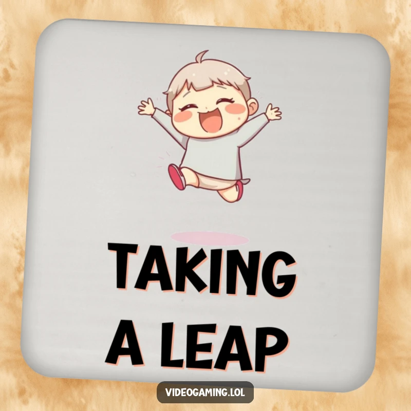 Funny drink coasters featuring a giggling character in mid-clumsy jump, adding a splash of humor to any table.