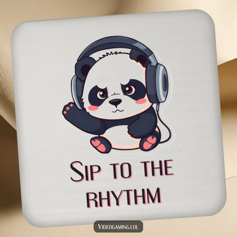 Funny drink coasters showing a determined panda wearing large headphones, protecting surfaces with focused humor.