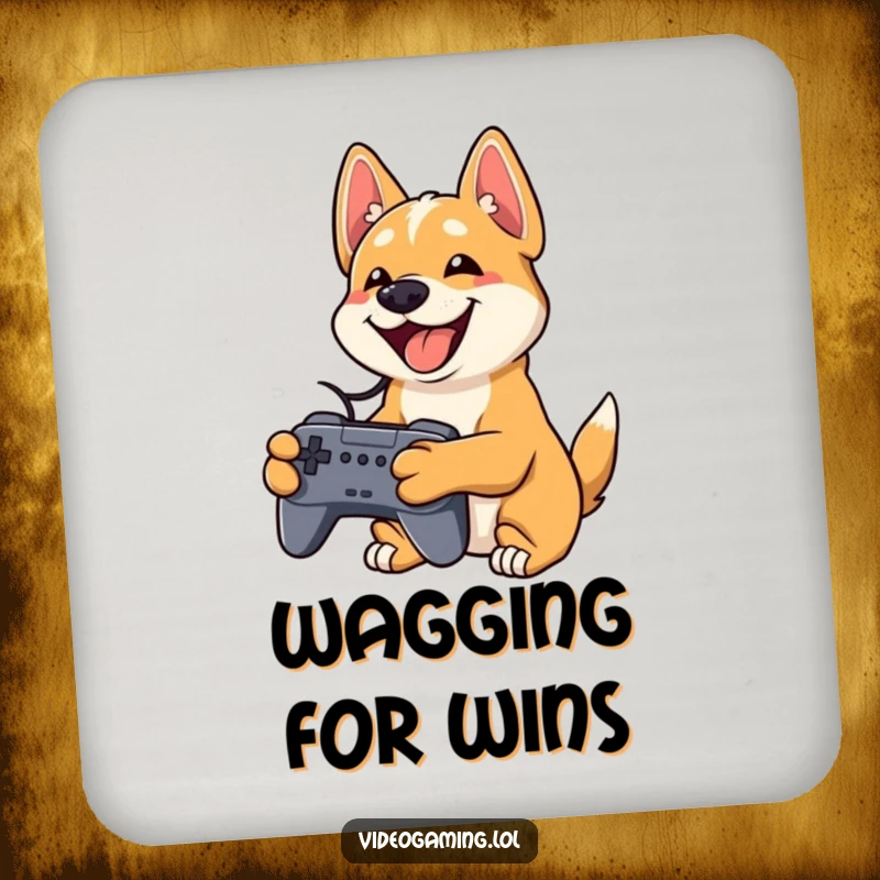 Funny dog drink coaster showing a playful dog grinning widely while holding a video game controller, protecting surfaces.