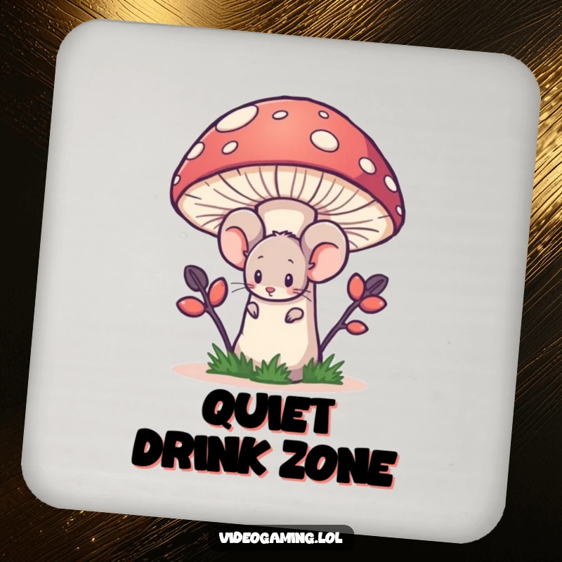 Funny drink coaster with a shy mouse character hiding behind a large pixelated mushroom, looking bashful.