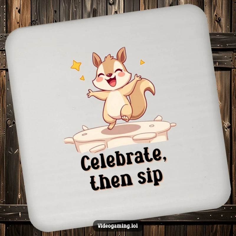 Funny drink coasters depicting an excited squirrel dancing after winning a game level, protecting surfaces with gamer style.