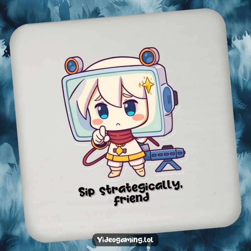 Funny drink coaster with a strategic character pointing at a screen with concentration, a humorous accessory for tables.