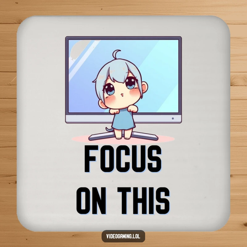 Funny Techie Coaster: A curious character examining a large monitor, serving as a funny coaster for tech spaces.