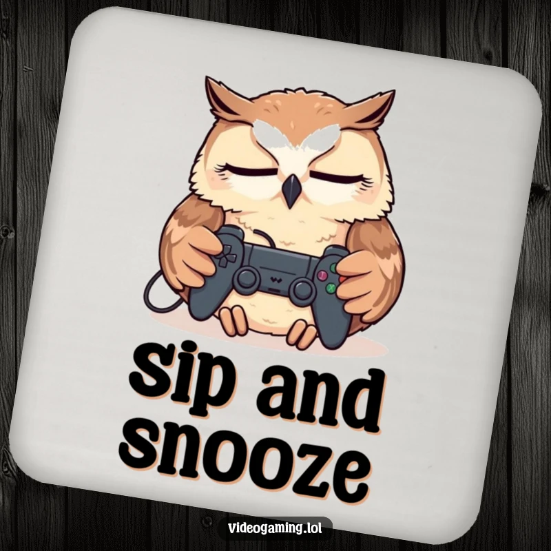 Funny Tired Owl Coaster, sleeping with a controller, a humorous and practical accessory for gamers' tables.