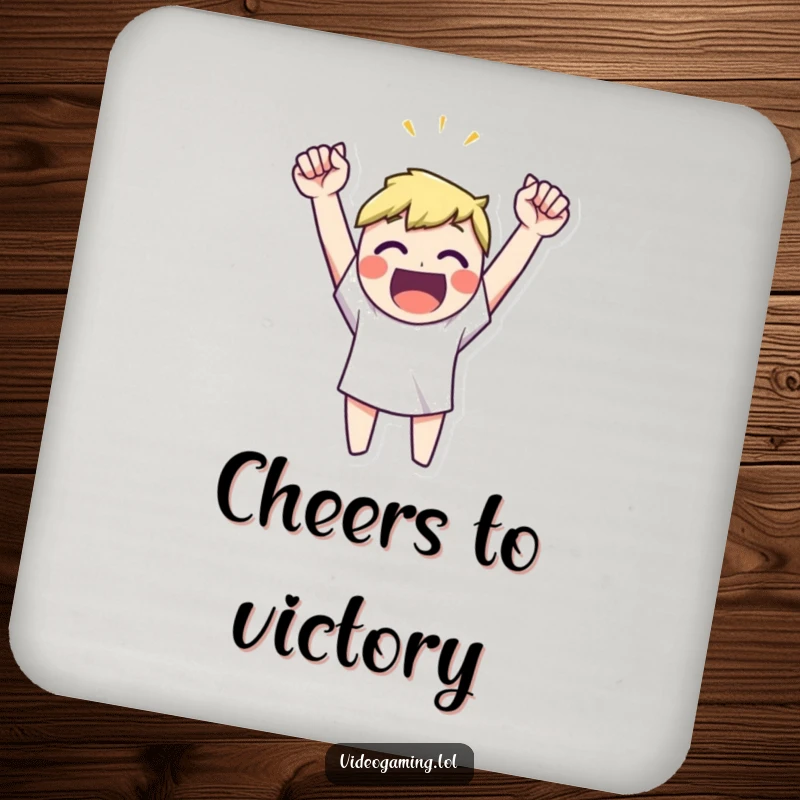 Funny happy character celebrating a victory with arms raised high on a drink coaster, humorous and protective.