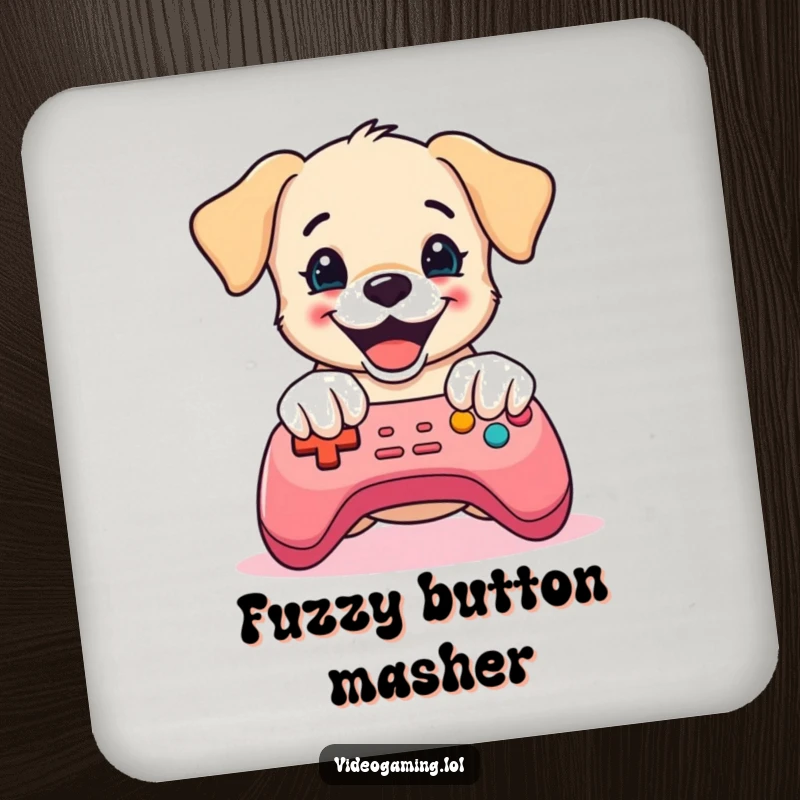 Funny Puppy Gaming Coaster: A delighted puppy mashes game controller buttons, adding a humorous and protective touch.