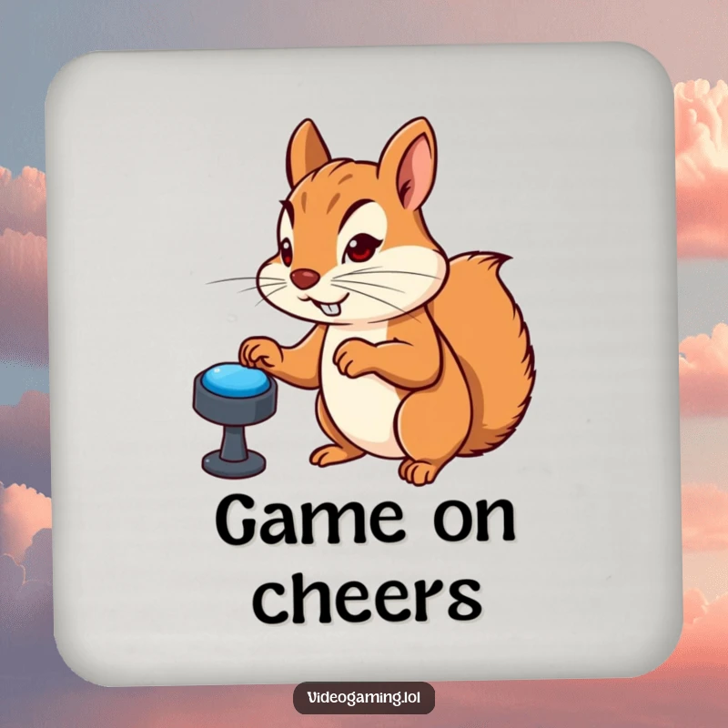 Funny drink coaster featuring a determined squirrel furiously mashing virtual buttons during gaming, a cartoon character adding playful gamer protection.
