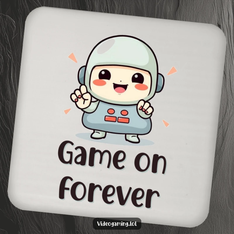 Funny Gamer Coaster: A smiling character depicted pressing buttons rapidly, serving as a funny coaster for gamers.
