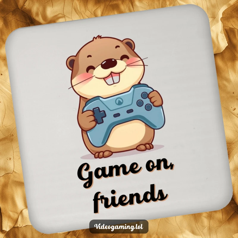 Funny Otter Gamer Coaster: A proud otter gamer gazes happily, controller in paw, adding a humorous touch.