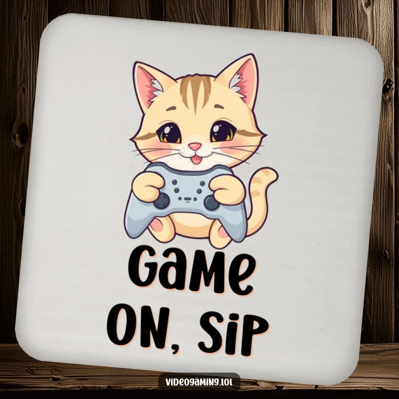 Funny cat gamer coaster, a focused cat with a smile aiming a game controller, ready to guard your drink.