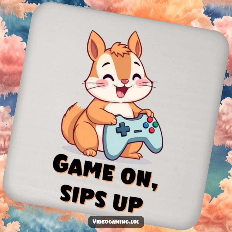 Funny squirrel mashing controller buttons, depicted on coasters for protecting surfaces with hilarious flair.
