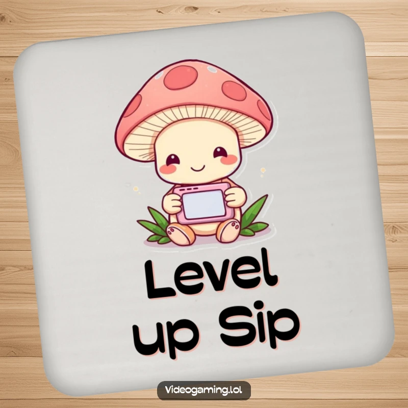 Funny Mushroom Gamer Coaster: A cheerful mushroom engrossed in a handheld game, perfect for drink protection.