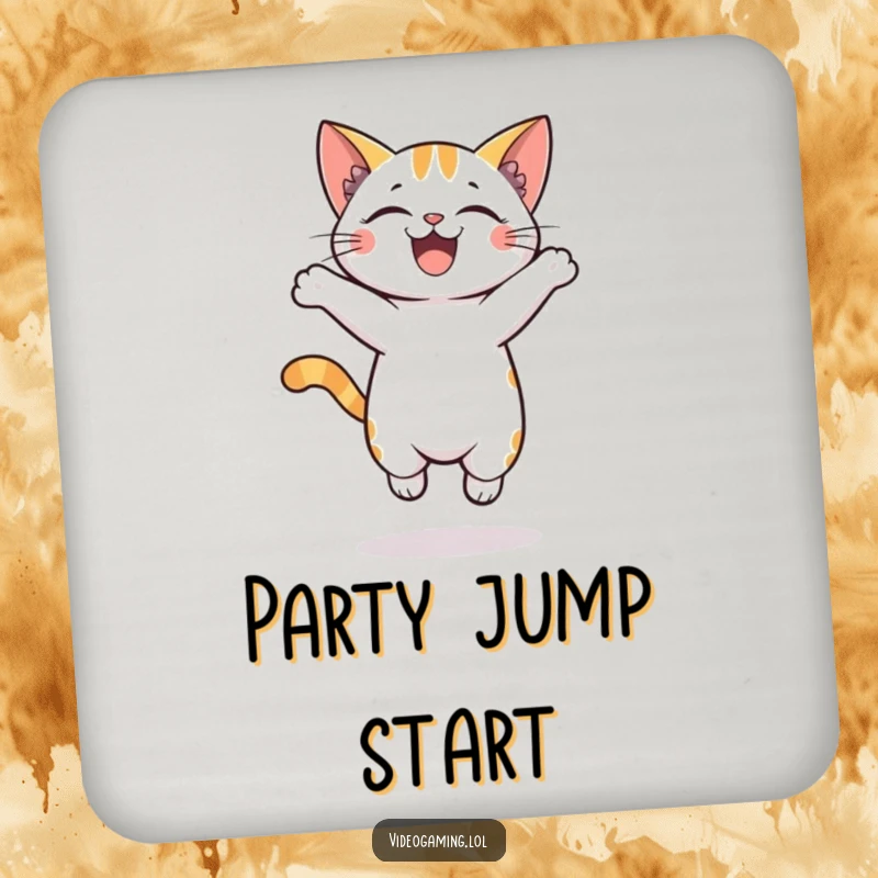 Funny drink coasters featuring a cartoon cat jumping with pure excitement, protecting surfaces with a splash of humor.