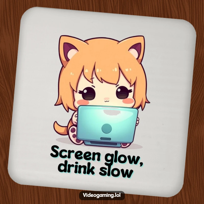 Funny drink coaster with a curious character engrossed in a screen, a humorous accessory for tabletops and beverage protection.