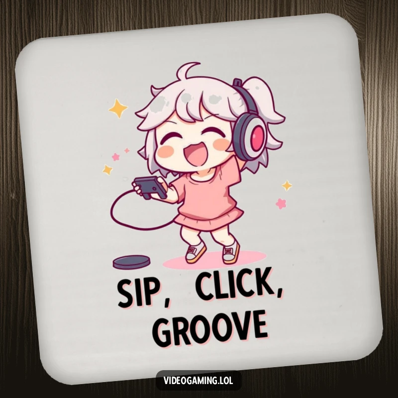 Funny drink coaster featuring a joyful character doing an energetic dance move while holding a game controller.